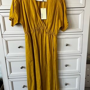 Mustard Midi Dress with V-Neckline